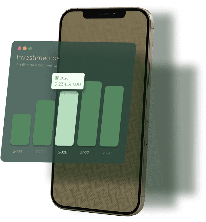Imagem ilustrativa de um celular com uma aba com um gráfico de barras comparando os investimentos ao longo do ano em crescimento